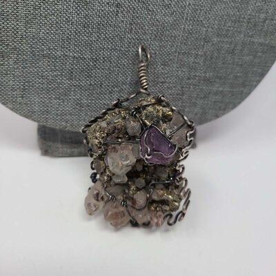 Contemporary Artist Created Amethyst Fools Gold Silver Pendant