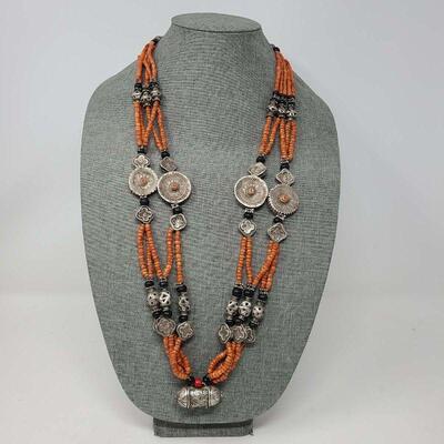 Middle Eastern Silver Bead Coral Multi-Strand Necklace