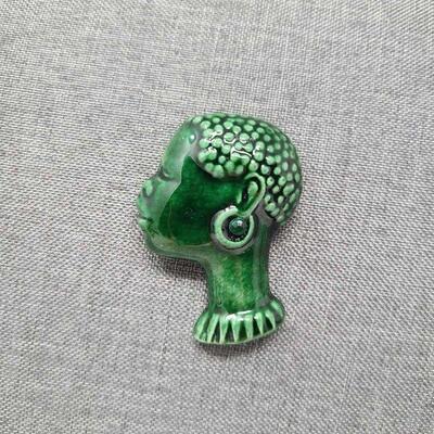 African Bust Green Ceramic Brooch Signed