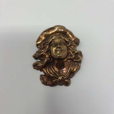 Vintage Brass Repousse Lady Brooch