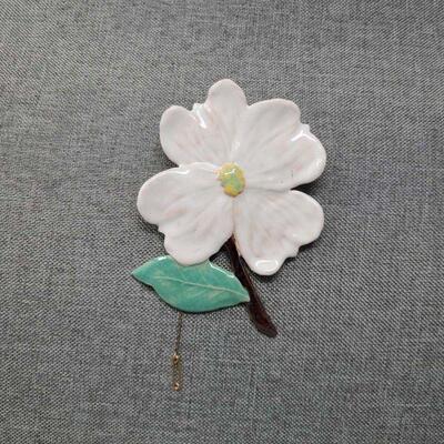 Dogwood Flower Ceramic Brooch Signed MH Crane