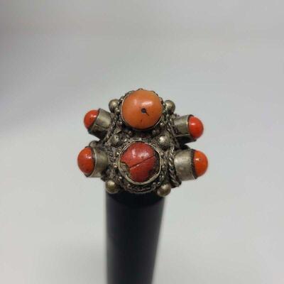 Turkoman Silver Coral Adjustable Ring