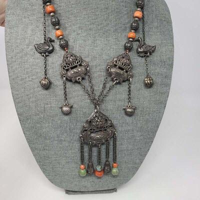 19th Century Mongolian Silver Coral Turquoise Jade Pendant Bell Necklace