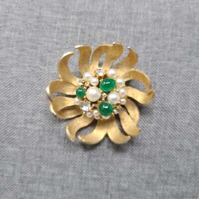 Vintage Gold Tone Faux Pearl Green Cabochon Rhinestone Flower Brooch