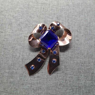 Vintage MCM Rose Gold Tone Sterling Faux Sapphire Bow Brooch