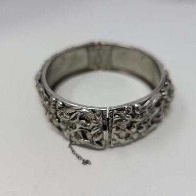 Vintage Silver Flower Clasp Bangle Bracelet