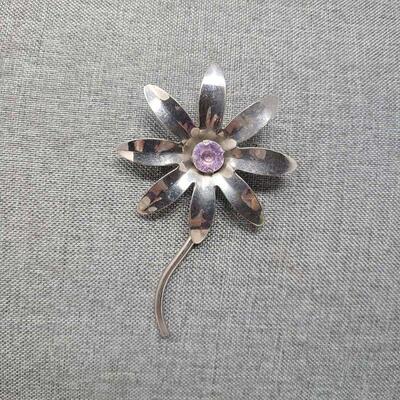 Silver Flower Lilac Rhinestone Brooch