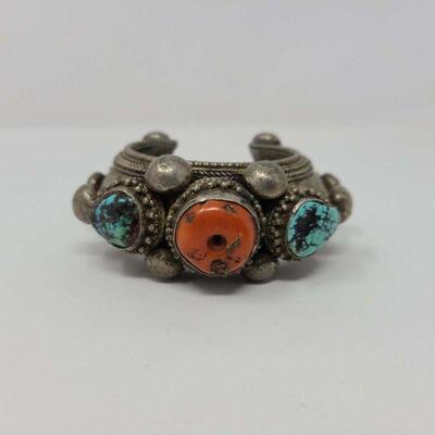 Antique Silver Bhutanese Himalaya Dobchu Turquoise Coral Cuff Bracelet