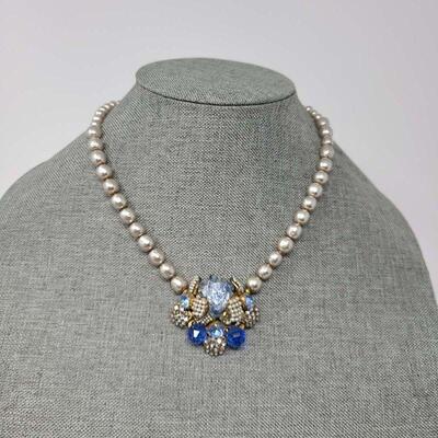 Miriam Haskell Faux Pearl Blue Rhinestone Pendant Necklace