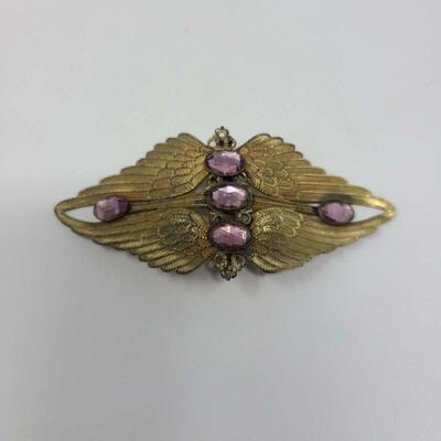 Stunning Art Nouveau Amethyst Rhinestone Gold Tone Butterfly Wings Belt Buckle