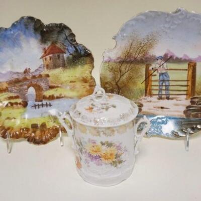 1026	3 PIECE CHINA LOT, 2 LIMOGES SCENIC & CT GERMANY CONDENSED MILK JAR, PLATES ARE 9-9 1/2 IN
