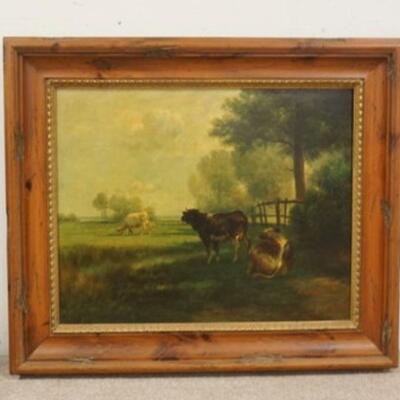 1028	OIL ON CANVAS OF COWS IN A PASTURE, SIGNED LOWER RIGHT, 39 1/2 IN X 34 IN INCLUDING FRAME
