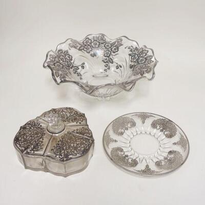 1023	3 PIECES ELEGANT GLASS W/SILVER OVERLAY, INCLUDES 12 1/2 IN CAMBRIDGE CAPRICE BOWL
