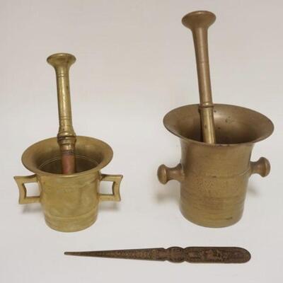1032	BRASS LOT W/2 MORTARS & PESTLES & DECORATED LETTER OPENER, LARGEST MORTAR IS 5 IN HIGH
