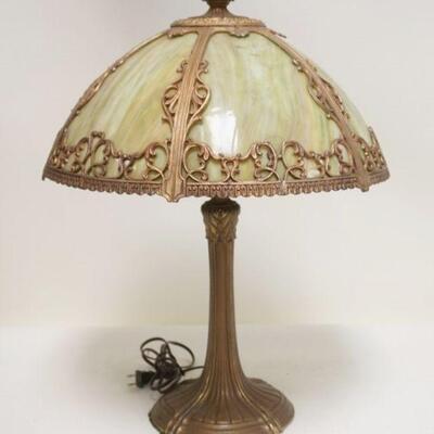 1001	GREEN SLAG GLASS TABLE LAMP, SHADE HAS ORNATE METAL OVERLAY, 22 IN HIGH, SHADE APPROXIMATELY 17 IN DIAMETER
