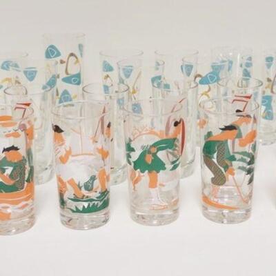 1025	21 MIDCENTURY MODERN TUMBLERS, 3 DIFFERENT PATTERNS, TALL GLASS IS 7 IN, OTHERS ARE 5 1/2-5 3/4 IN
