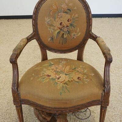 1096	FANCY MEDALLION BACK CARVED CONTINENTIAL UPHOLSTERED ARM CHAIR, UPHOLSTRY WORN
