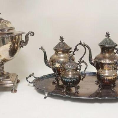 1037	6 PIECE SILVERPLATED TEA & COFFEE SET, LARGE URN DISPENSER, 17 IN HIGH, TEA & COFFEE POTS CREAMER, COVERED SUGAR & TRAY
