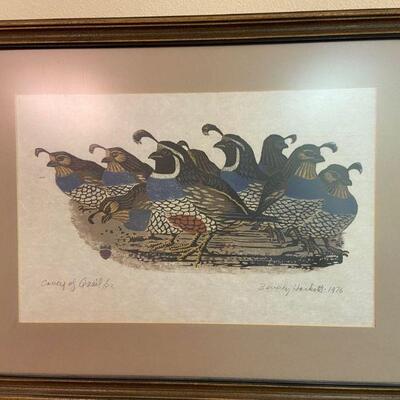 Beverly Hackett Woodcut Covey Of Quail Same one sold on worthpoint for 800 in January