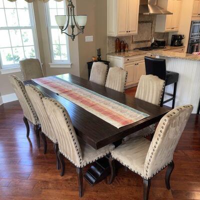 Pottery Barn Banks Trestle Table with 6 Pottery Barn Calais upholstered side chairs.   
