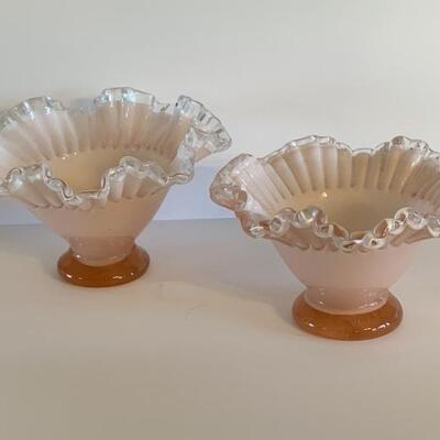 (2) Vintage Pink Ruffled Bowls w/ Amber Foot