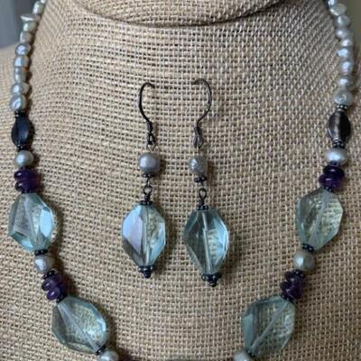 Sterling Silver, Amethyst, and Pearl Necklace