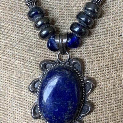 Sterling Silver & Lapis Necklace w/ Glass Beads