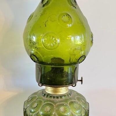 Vintage Avocado Green Pressed Glass Oil Lamp