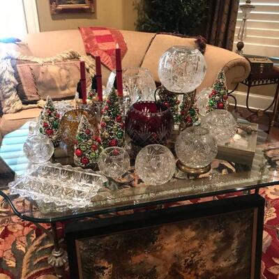 Beveled Glass and Iron Coffee Table (36x48) and Large collection of Crystal Bowls, etched and brilliant cut