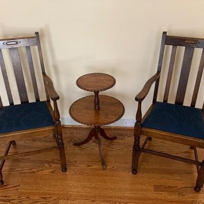 Mission Style Arm Chairs.     2 Tiered pie Crust Table with Scalloped Edge