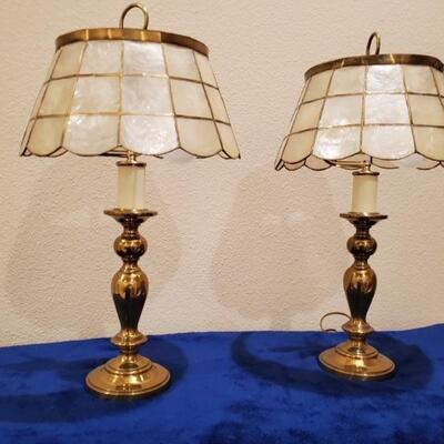 Pair Brass Candletick Lamps with Shell-Type Shades