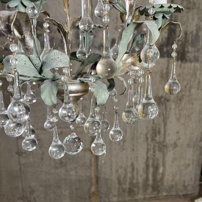 WHIMSICAL FOLIAGE CHANDELIER | With drop crystals and flared leaf design, with silvered highlights; h. 20-1/2 x approx. dia. 13 in.