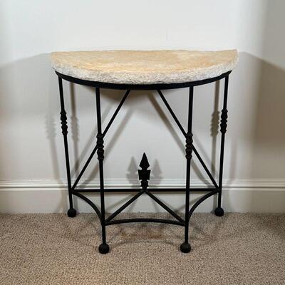 DEMILUNE STONE TOP TABLE | Rough stone top side table on an iron frame; h. 33-1/2 x w. 33-1/2 x d. 17 in.