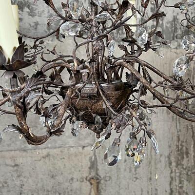LEAFY STATEMENT CHANDELIER | Tall six light chandelier with scrolling leafy arms with crystals; approx. h. 35 x dia. 28 in.