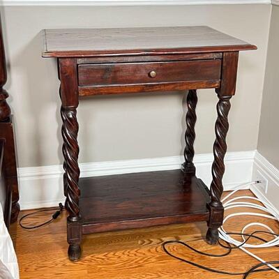 CARVED WOOD NIGHTSTAND | Side table with twisted column supports, having a single drawer; h. 32 x w. 28 x d. 20 in.