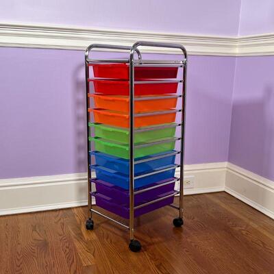 COLORFUL STORAGE DRAWERS | Rainbow plastic drawers on a chrome stand; h. 36 x w. 13 x d. 15 in.