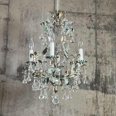 WHIMSICAL FOLIAGE CHANDELIER | With drop crystals and flared leaf design, with silvered highlights; h. 20-1/2 x approx. dia. 13 in.