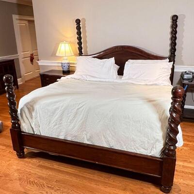 IMPRESSIVE CARVED POSTER BED | Twisted carved four poster bed, appears to be king size; h. 78 x w. 82 x l. 92 in. [mattress not included]
