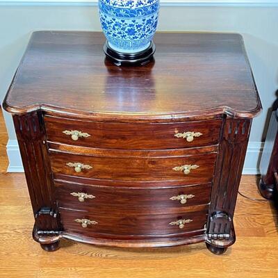 CARVED BOW FRONT SIDE TABLE | Bedside table / nightstand, chest of drawers; h. 32 x w. 34 x d. 21 in.