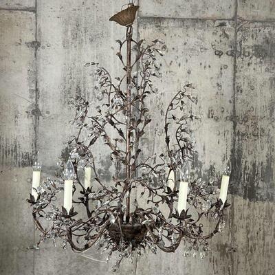LEAFY STATEMENT CHANDELIER | Tall six light chandelier with scrolling leafy arms with crystals; approx. h. 35 x dia. 28 in.