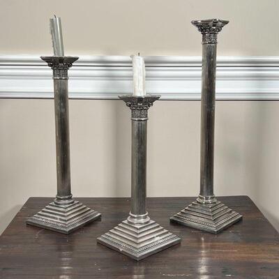 (3pc) CANDLE STICKS | Studio silversmiths Corinthian column form candlesticks; tallest h. 15 in.