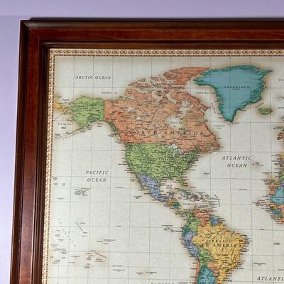 RAND McNALLY MAGNETIC MAP | Magnetic world map in a wood frame with magnetic tacks; overall 36 x 54 in.