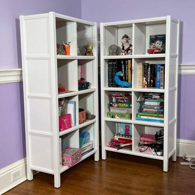 PAIR CUSTOM BUILT BOOKSHELVES | Open bookcases / cubbies with square shelves; h. 58 x 28 x 14 in. (each)