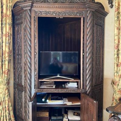 Corner carved Spanish armoire cabinet-$3,500