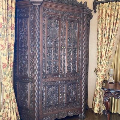 Corner carved Spanish armoire cabinet-$3,500