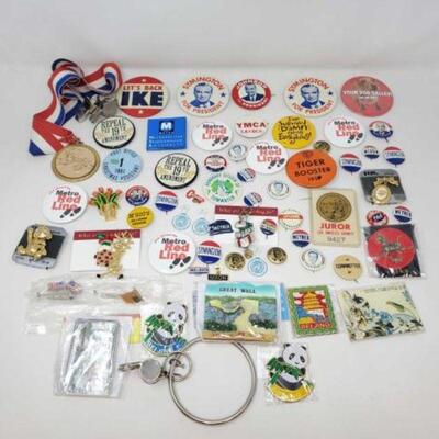 #1906 â€¢ Pin Collection Includes Synington for President, Metro, Panda Pins and More