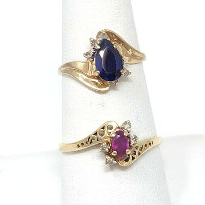 826	

(2) 14k Gold Rings with Ruby & Sapphire Stones & Diamond Accents, 3.6g
Weighs Approx: 3.6g Ring Sizes: 5.5 & 9.5