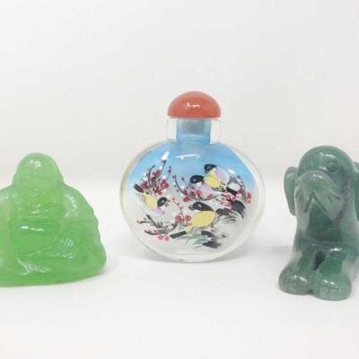 #1908 â€¢ Vintage Snuff Bottle, Jade Dog and Buddah Statues includes boxes