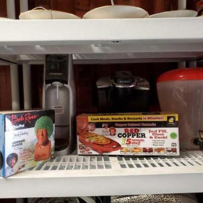 #6584 • Bob Ross Chia Pet, Keurig, Soda Stream, Red Copper 5 Minute Chef, And Beverage Dispenser