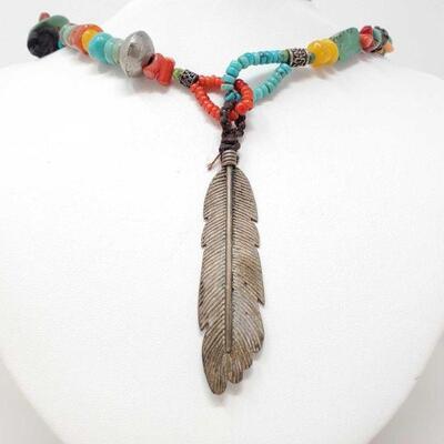 962	

Native American Necklace with Sterling Silver Feather
Stamped 